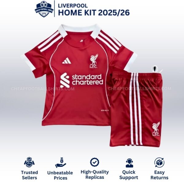 Liverpool Home Kids Football Kit 25/26 - Front View