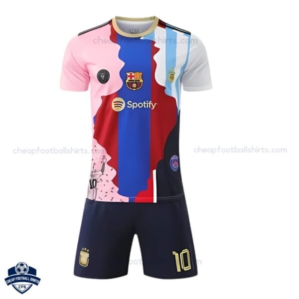 Barcelona Messi Commemorative Kids Cheap Football Kit 2025/26 - Front View