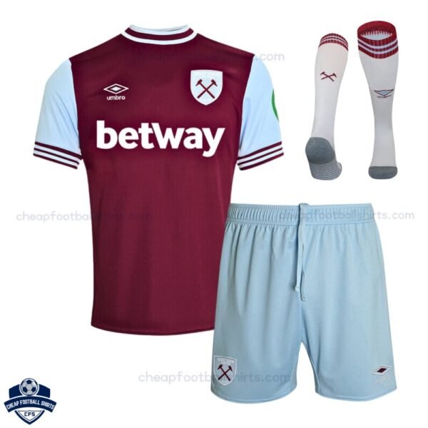 West Ham United Home Kids Football Kit 24/25 - Front View With Socks