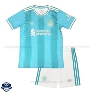 Front view of Liverpool Blue Kids Football Kit 25/26