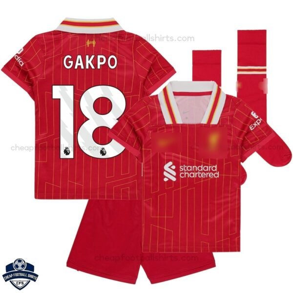 Liverpool Home Kids Football Kit 24/25 GAKPO 18 - Front View