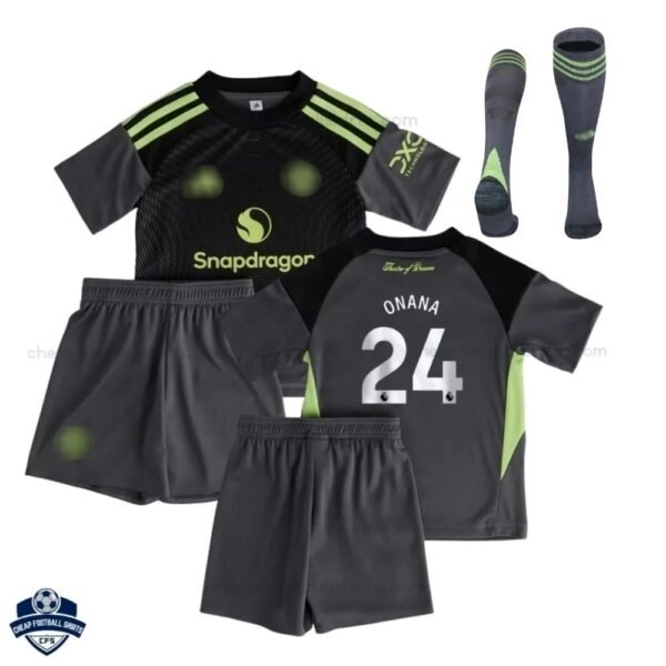 Manchester United ONANA 24 Goalkeeper Kids Cheap Football Kit 2025/26 - Overview with socks