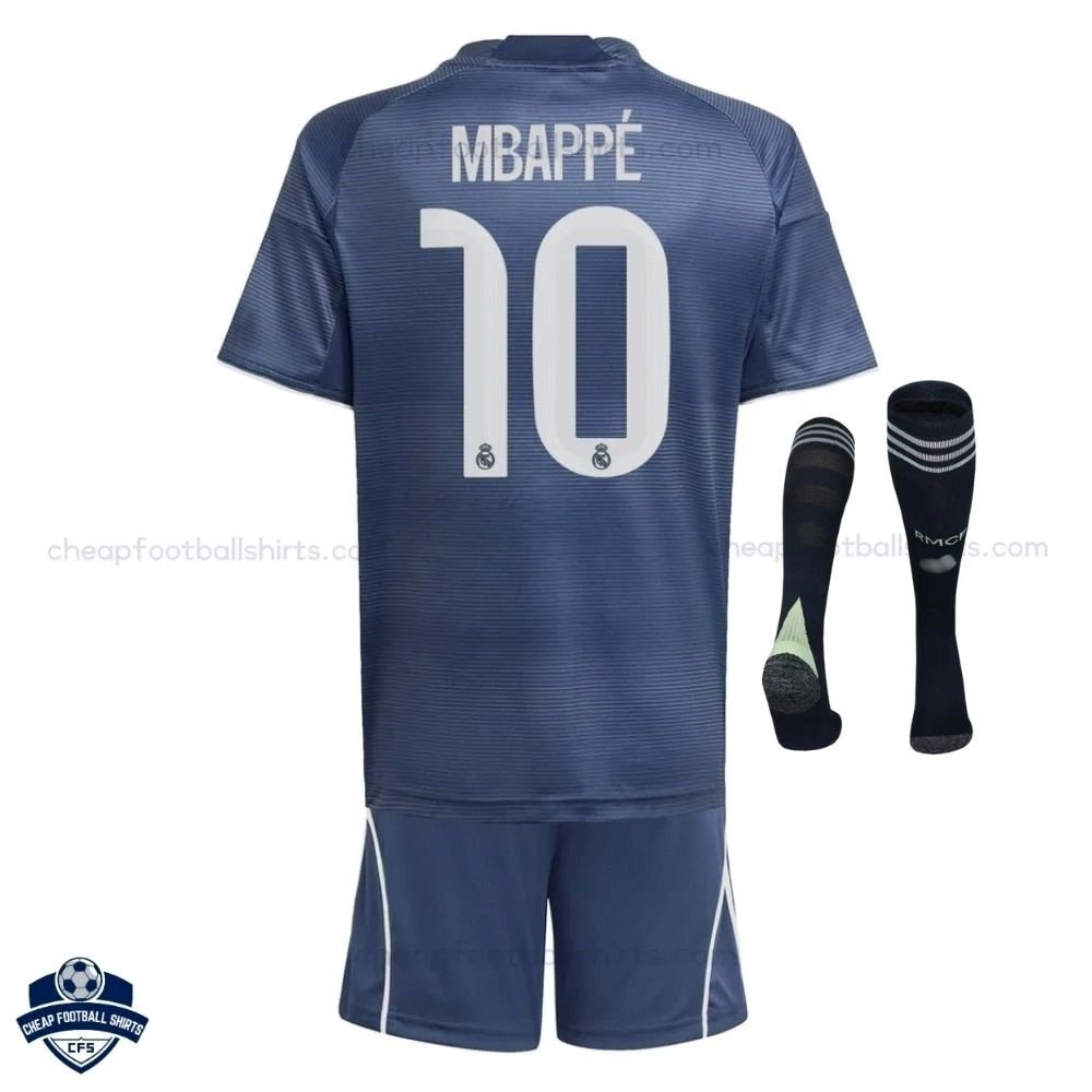 Real Madrid MBAPPÉ 10 Away Kids Cheap Football Kit 2025/26_Back view with socks