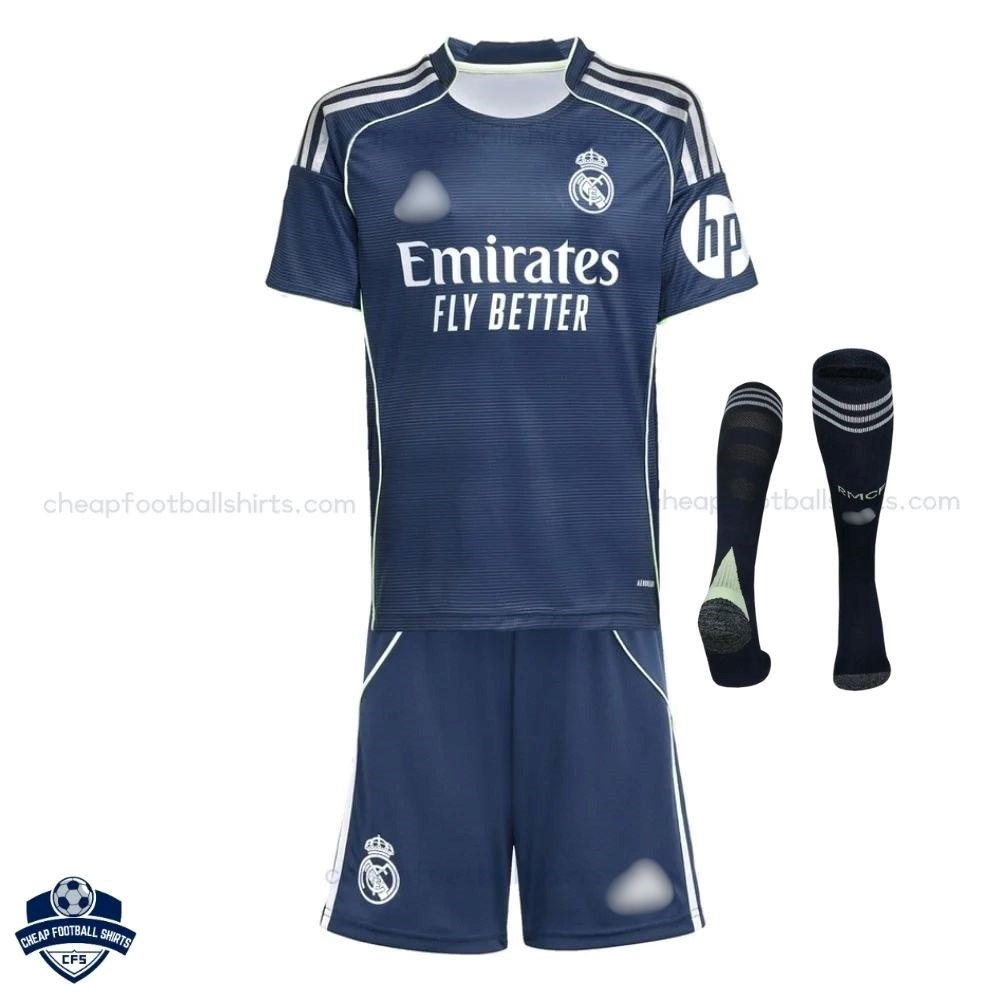 Real Madrid MBAPPÉ 10 Away Kids Cheap Football Kit 2025/26_Front View with socks