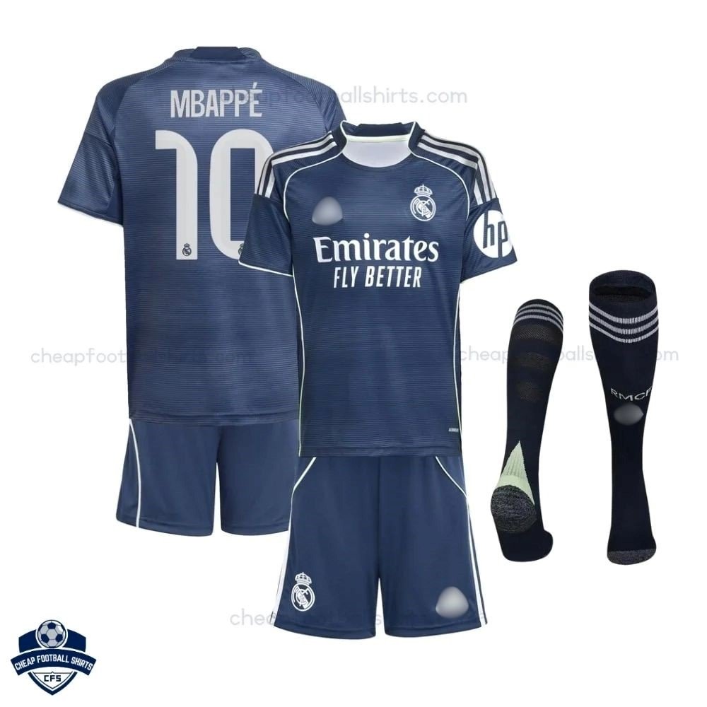 Real Madrid MBAPPÉ 10 Away Kids Cheap Football Kit 2025/26_Overview with socks