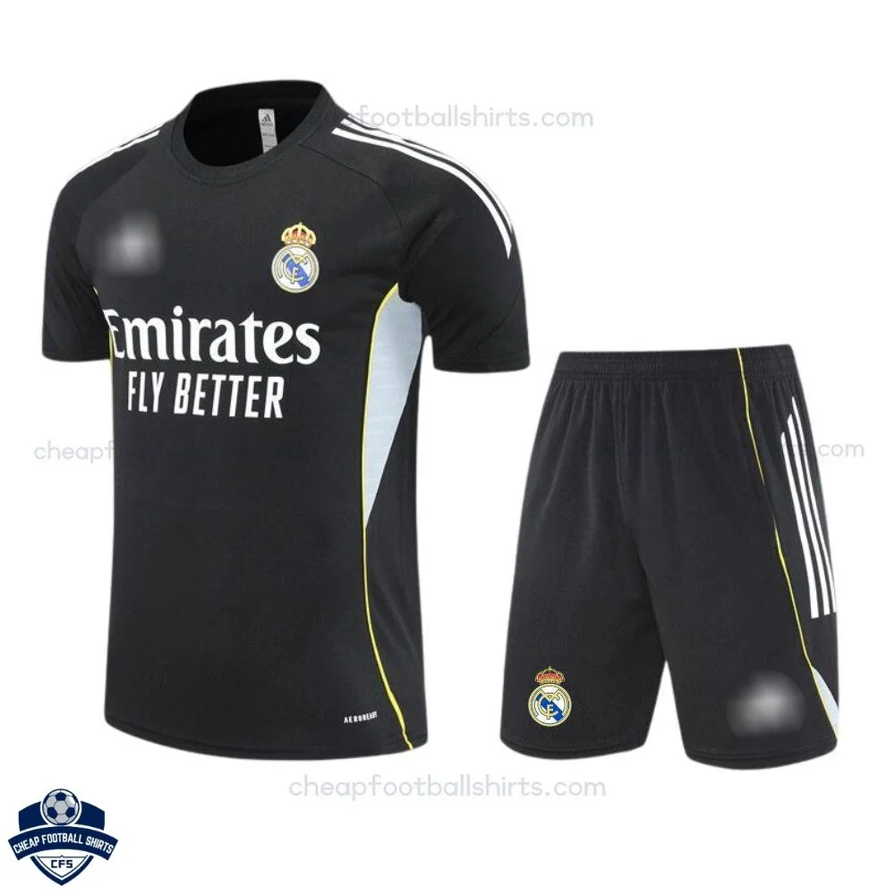 Real Madrid Black White Training Kids Football Kit 25/26 - front view