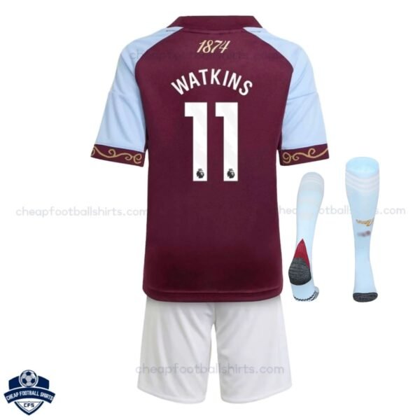 Aston Villa WATKINS 11 Home Kids Football Kit 25/26 with socks - back view
