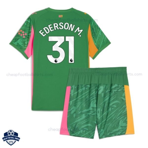 Manchester City EDERSON M. 31 Goalkeeper Kids Cheap Football Kit 202526 - Back View