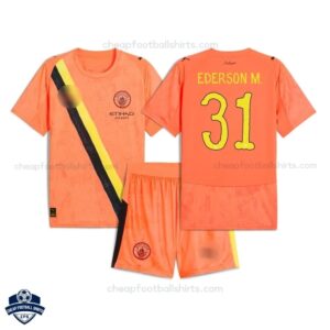 Manchester City EDERSON M. 31 Orange KidSuper Kids Cheap Football Kit 2025/26 - overview
