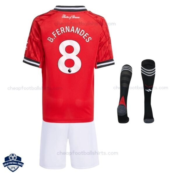 Manchester United B.FERNANDES 8 Home Kids Cheap Football Kit 2025/26 - Back View