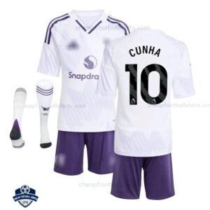 Manchester United Away Kids Football Kit 25/26 CUNHA 10 with socks