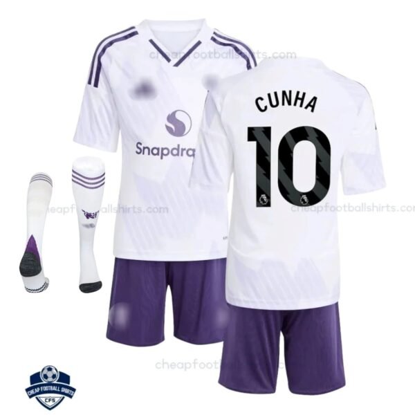 Manchester United Away Kids Football Kit 25/26 CUNHA 10 with socks