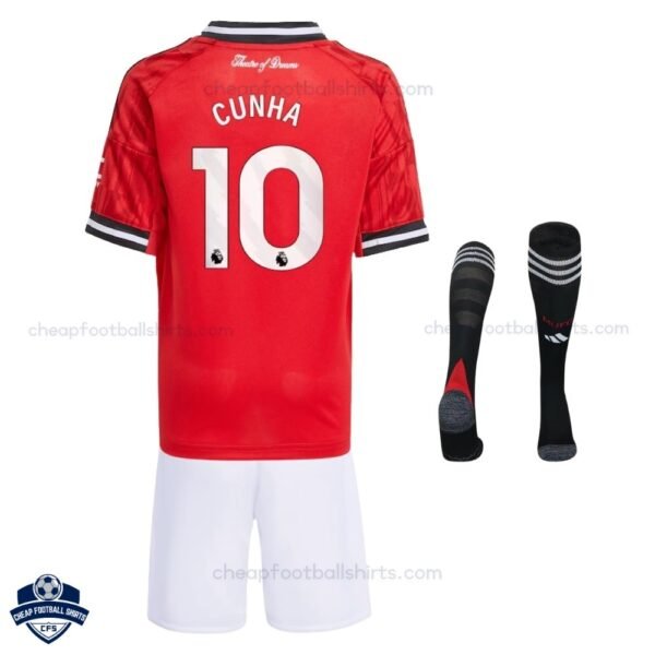 Manchester United M.CUNHA 10 Home Kids Cheap Football Kit 2025/26 - Back View