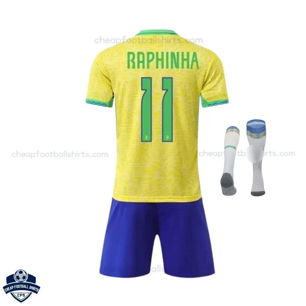 Brazil Home Kids Football Kit 24/25 RAPHINHA 11 back view with socks