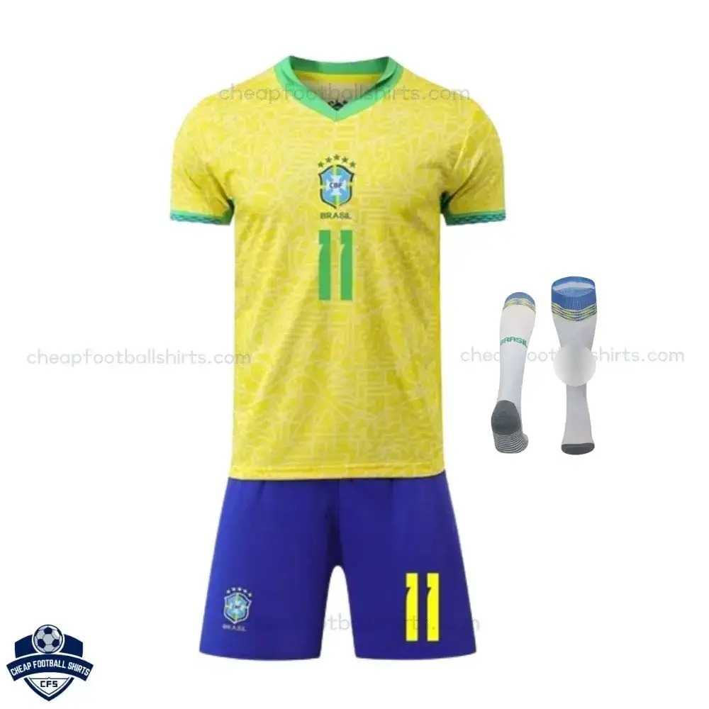 Brazil Home Kids Football Kit 24/25 RAPHINHA 11 front view with socks