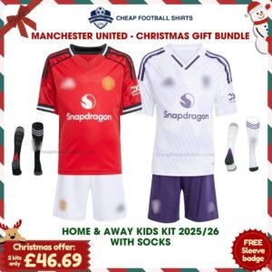 Manchester United Home & Away Kids Christmas Gift Bundle Kit 25/26 with socks - Overview