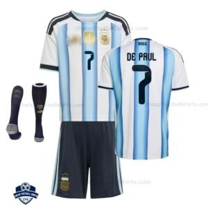 Argentina DE PAUL 7 Home Kids Football Kit 2026 - Overview with socks