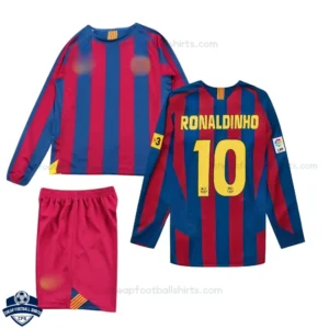 Retro Barcelona Reissue RONALDINHO 10 Kids Cheap Football Kit 2005/06 Long Sleeve - overview