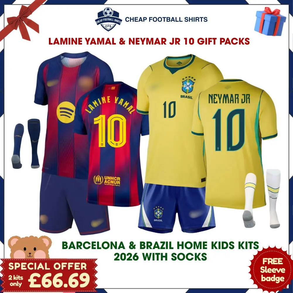 Barcelona and Brazil Home Gift Pack - LAMINE YAMAL 10 and NEYMAR JR 10