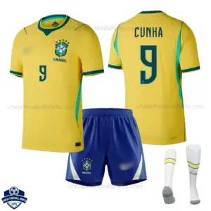 Brazil World Cup 2026 Home Kids Cheap Football Kit - CUNHA 9 - overview