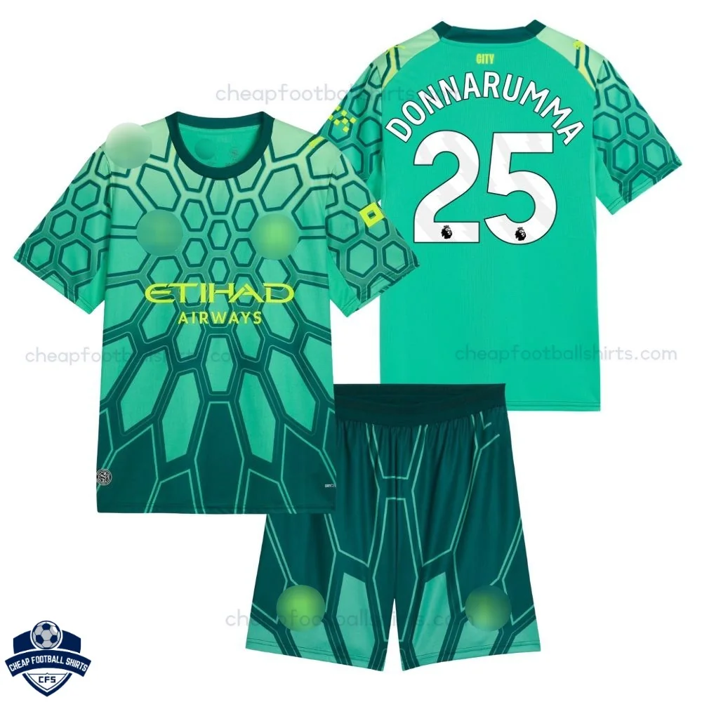 Manchester City Green Goalkeeper Kids Cheap Football Kit 2026/27 - DONNARUMMA 25 - overview