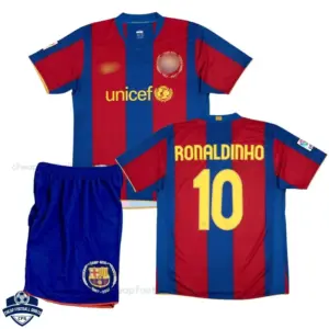 Retro Barcelona Home Kids Cheap Football Kit 2007/08 - RONALDINHO 10 - overview