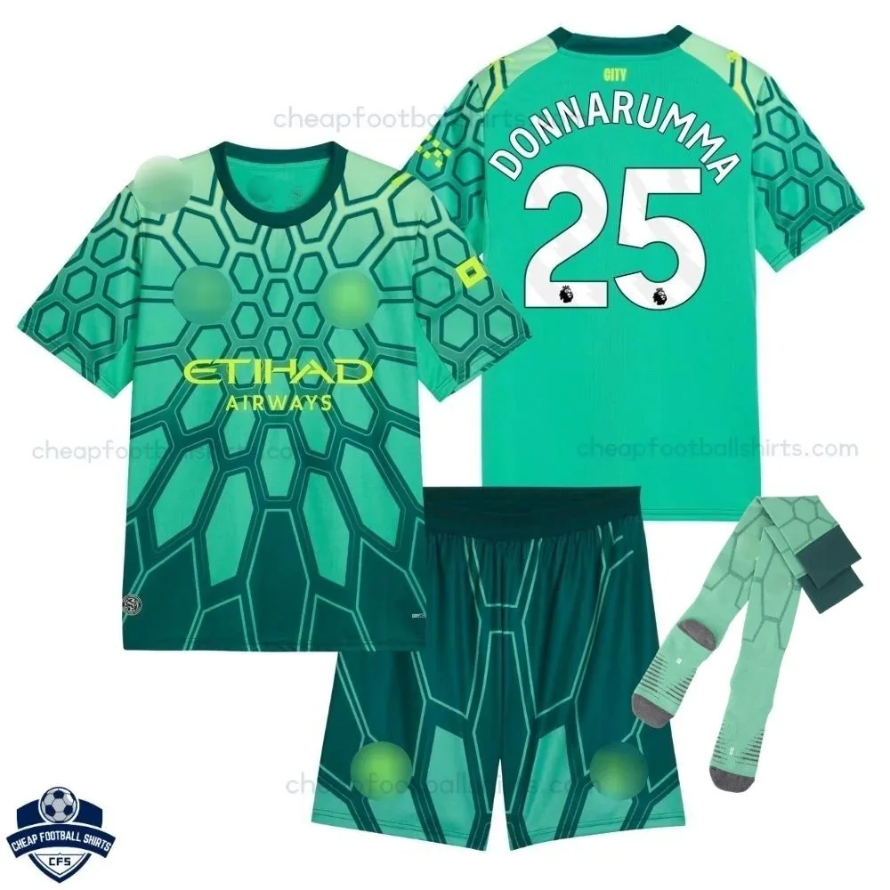 Manchester City Green Goalkeeper Kids Cheap Football Kit 2026/27 - DONNARUMMA 25 - overview