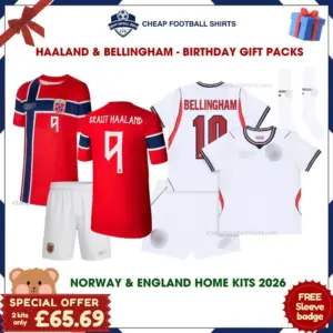 Norway and England World Cup 2026 Gift Pack - Home Kids Cheap Football Kits - HAALAND 9 and BELLINGHAM 10 - Overview