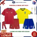 Portugal and Brazil World Cup 2026 Gift Pack - Home Kids Cheap Football Kits (With Socks)