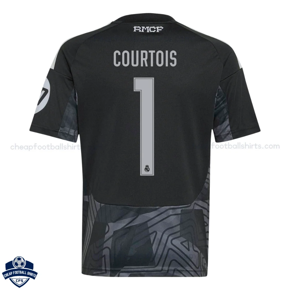 Real Madrid Black Goalkeeper Kids Cheap Football Kit 2026/27 - COURTOIS 1 - Back View
