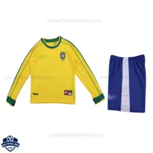 Retro Brazil Home Kids Cheap Football Kit 1998 Long Sleeve - Front View