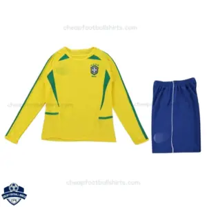 Retro Brazil Home Kids Cheap Football Kit 2002 Long Sleeve - Front View