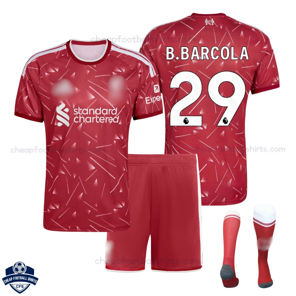 Liverpool Home Kids Cheap Football Kit 2026/27 - B.BARCOLA 29 - overview