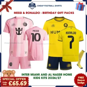 Inter Miami and Al Nassr 2026/27 Gift Pack - Home Kids Cheap Football Kits - MESSI 10 and RONALDO 7