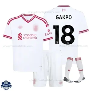 Liverpool Away Kids Cheap Football Kit 2026/27 - GAKPO 18 - Overview with socks
