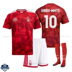 Nottingham Forest Home Kids Cheap Football Kit 2026/27 - GIBBS-WHITE 10 - Overview with socks