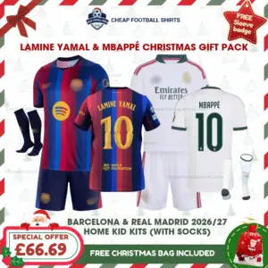 Barcelona and Real Madrid 2026/27 Gift Pack - Home Kids Kits - LAMINE YAMAL 10 and MBAPPÉ 10