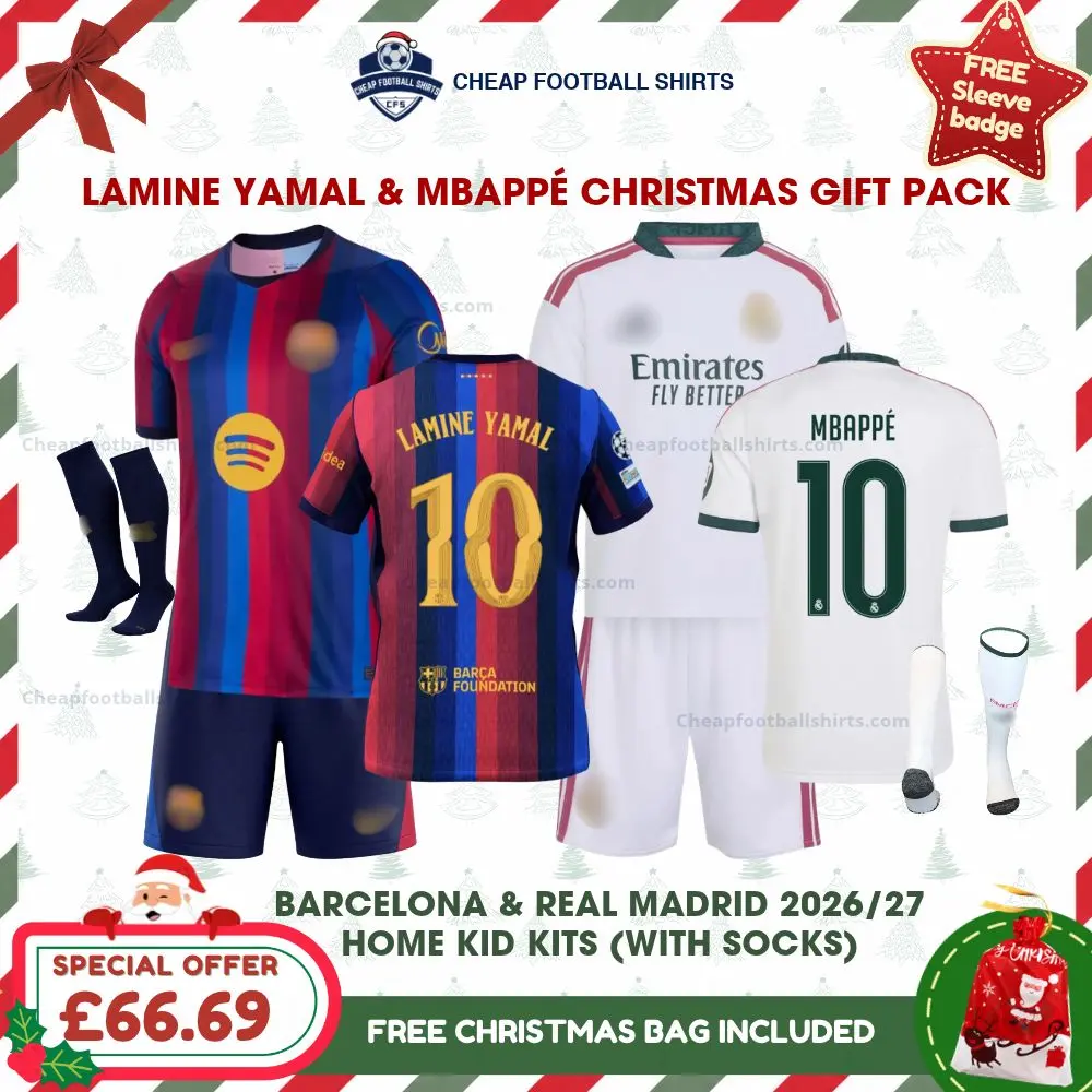 Barcelona and Real Madrid 2026/27 Gift Pack - Home Kids Kits - LAMINE YAMAL 10 and MBAPPÉ 10